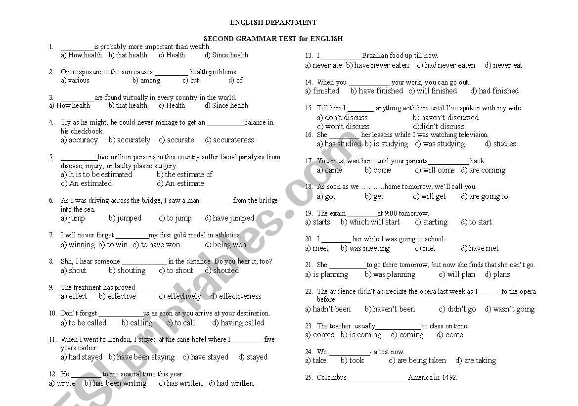 grammar test worksheet