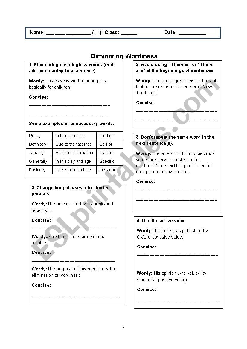 Eliminating Wordiness worksheet
