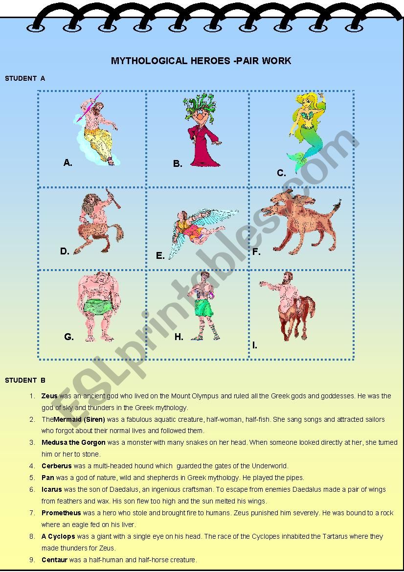 MYTHOLOGICAL HEROES-PAIR WORK worksheet