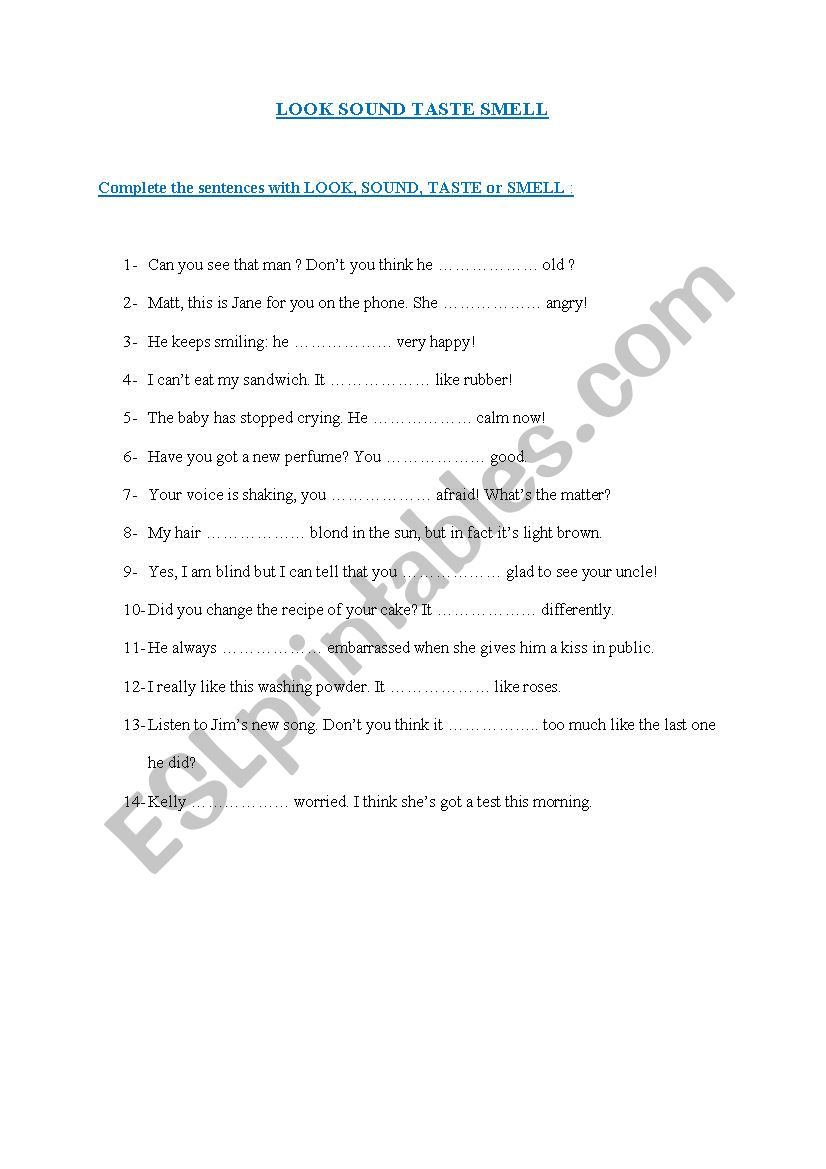 LOOK SOUND TASTE OR SMELL worksheet