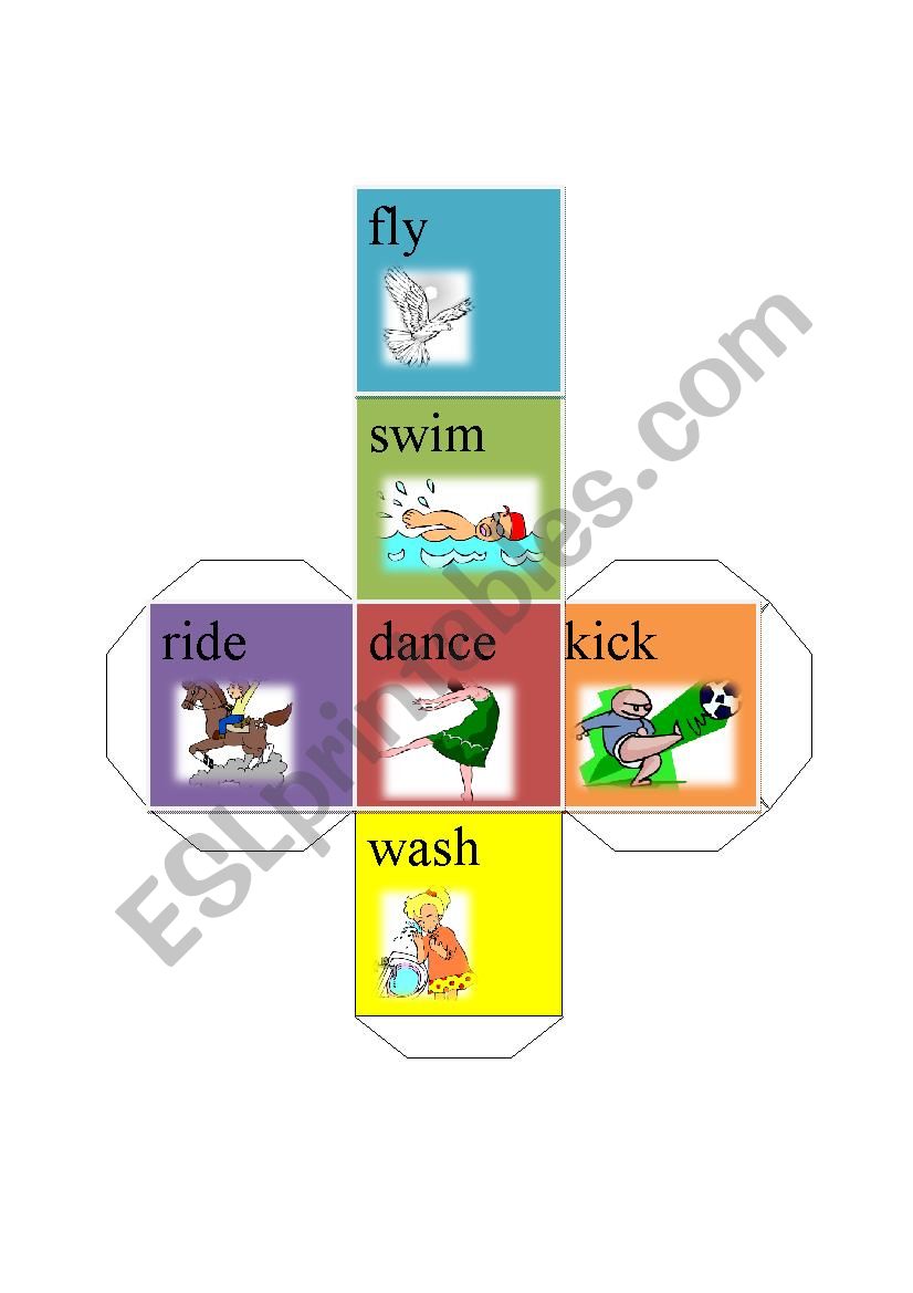 action verb dice-fly swim dance wash ride kick