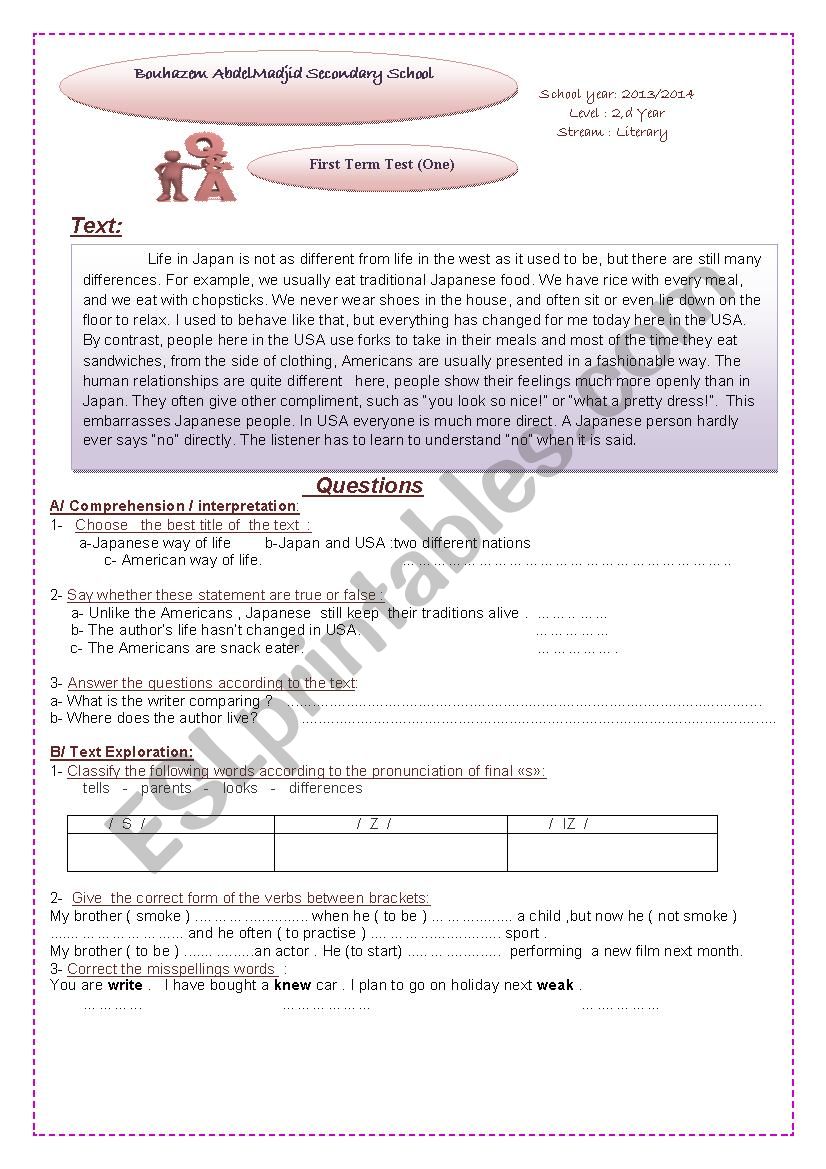 2nd year first term test worksheet
