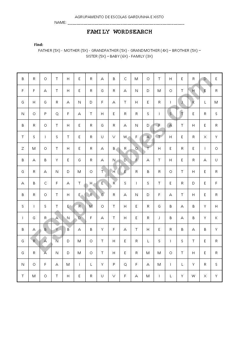 Wordsearch Family Easier worksheet