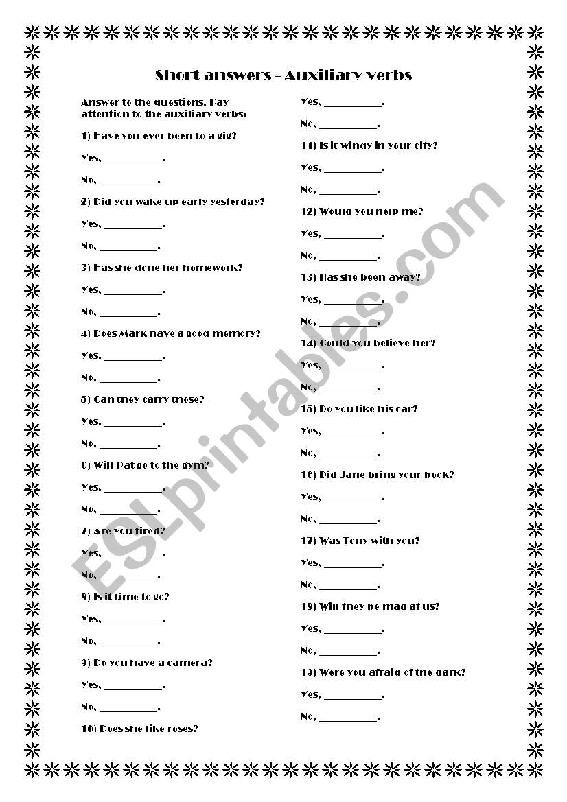 Short Answers worksheet