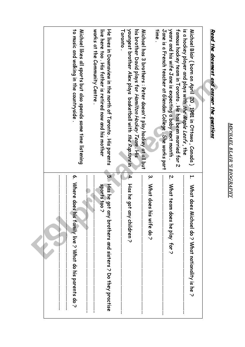 Michael Blairs biography worksheet