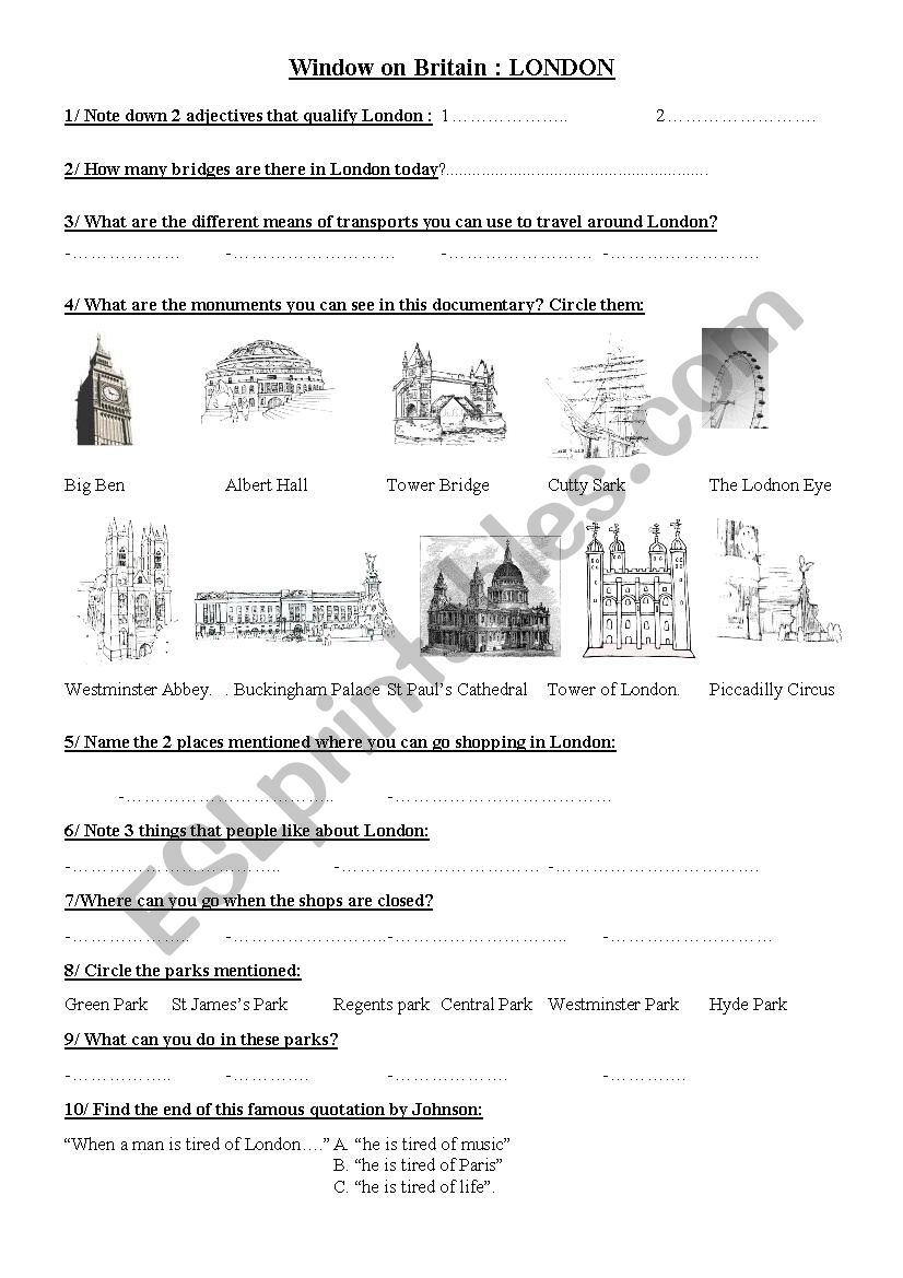 Worksheet Window on Britain: LONDON