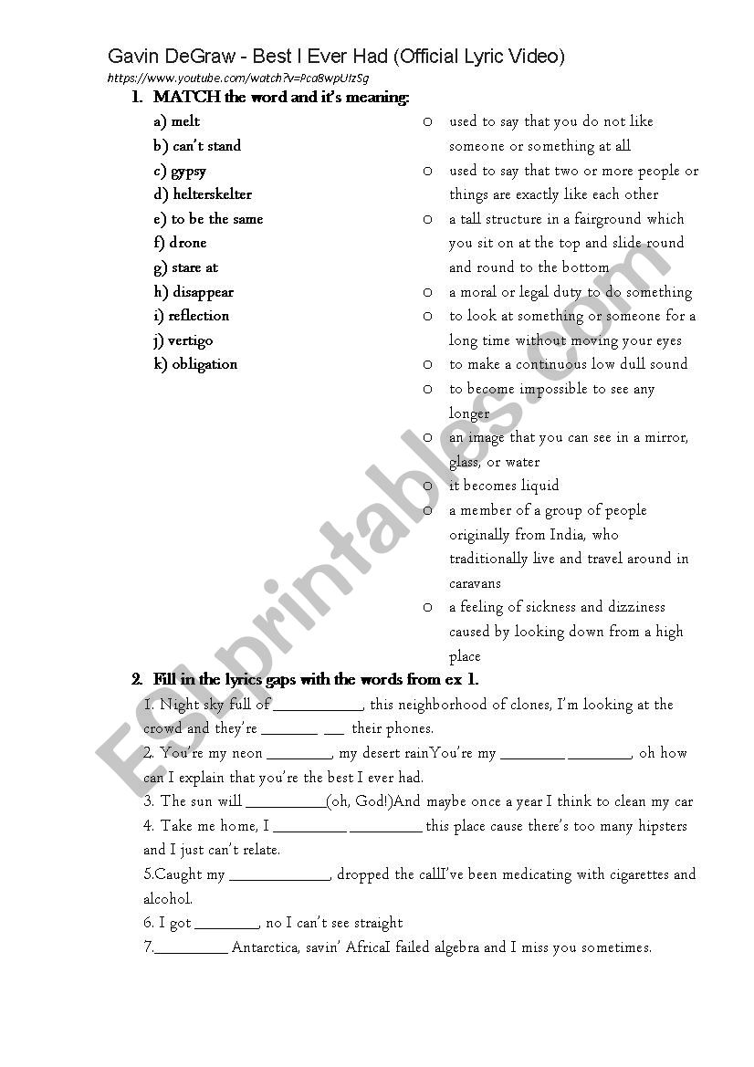 Gavin DeGraw - Best I Ever Had (song worksheet)