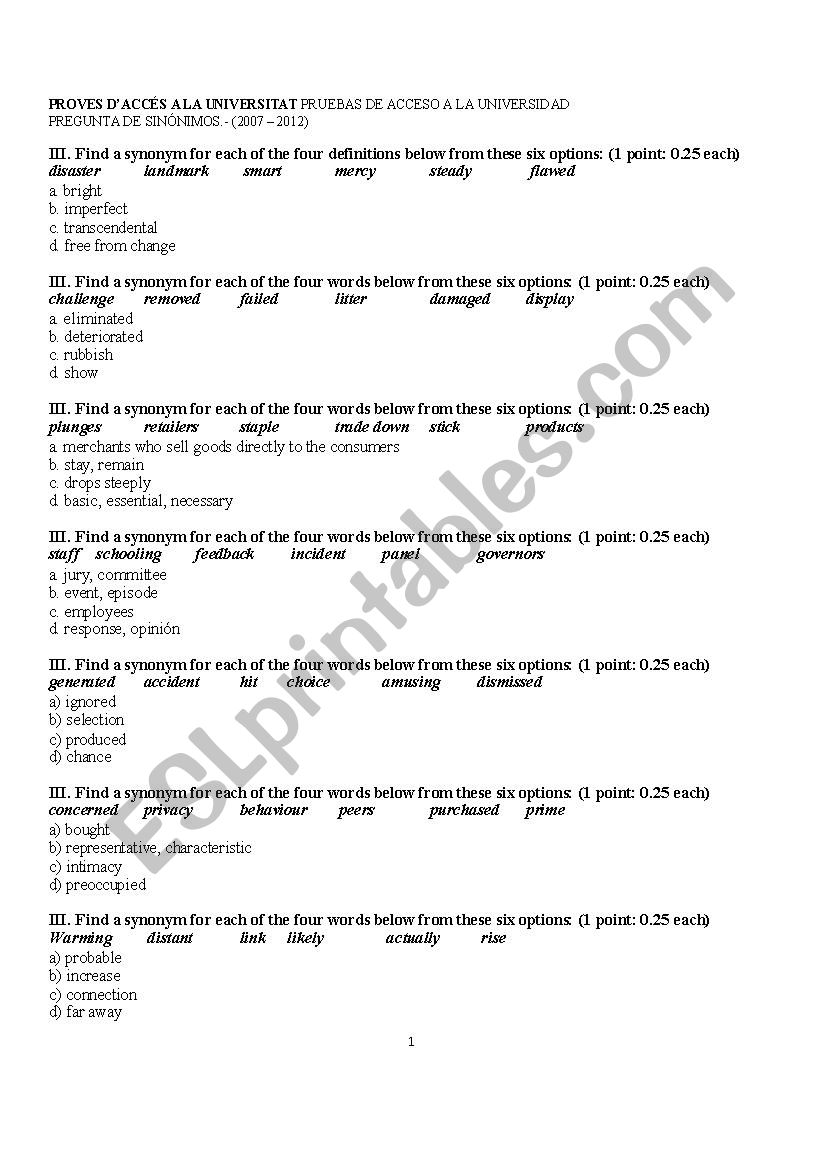 Synonyms for PAU students worksheet