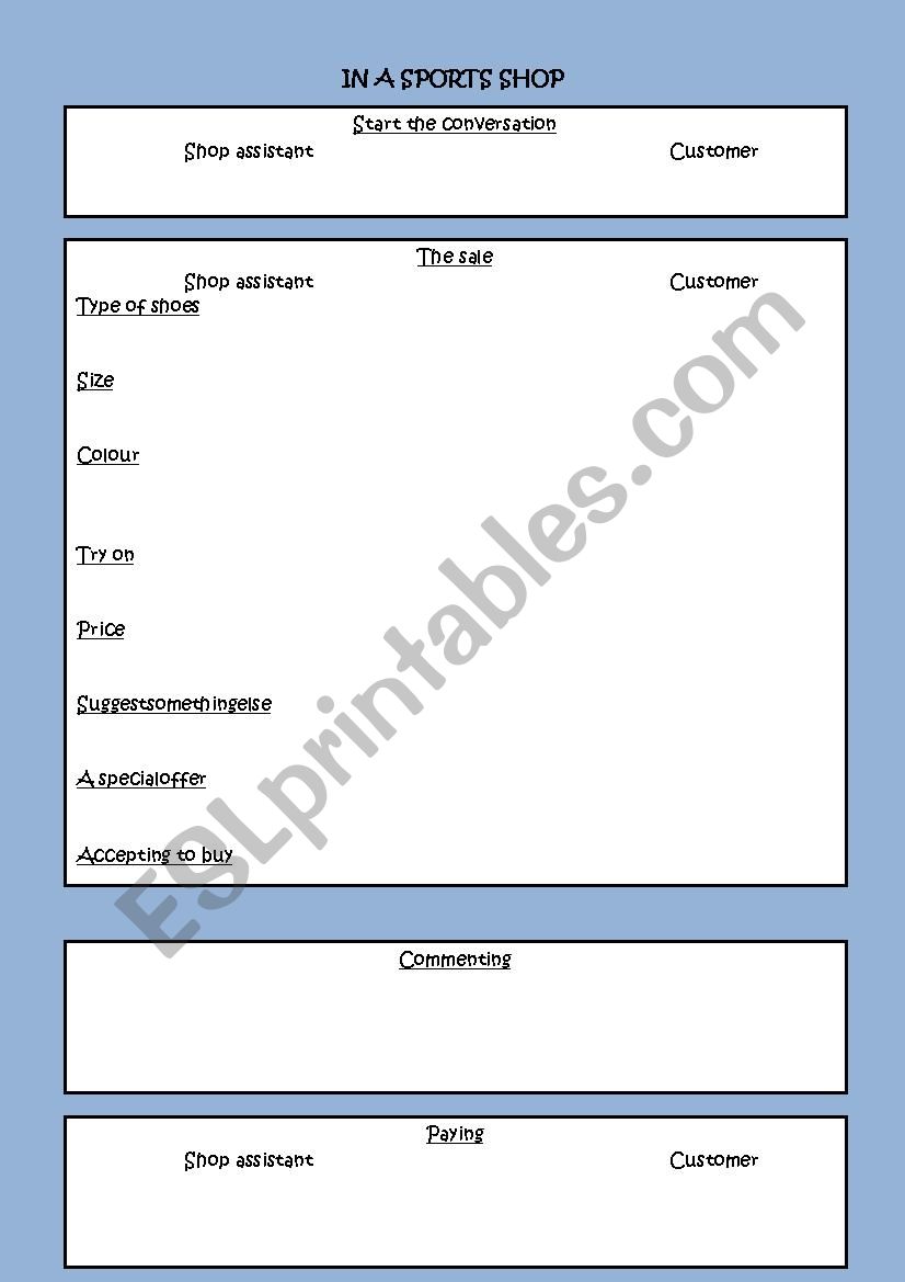 In a sports shop worksheet