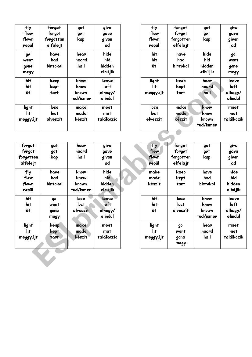 Bingo game with the irregular verbs