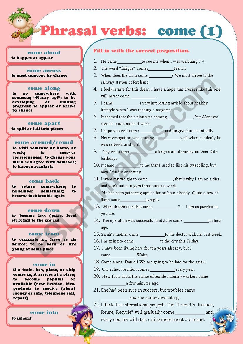 Phrasal Verbs: come (1) With Keys and Editable