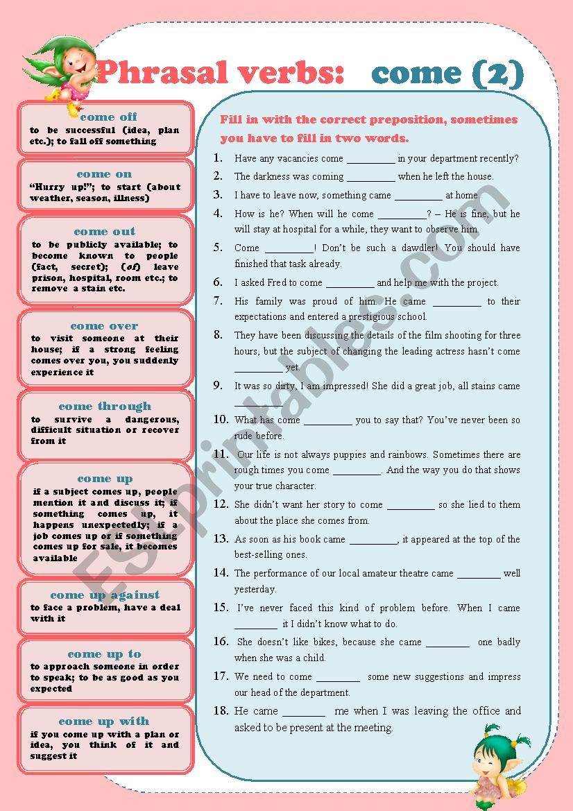 Phrasal Verbs: come (2) With Keys and Editable