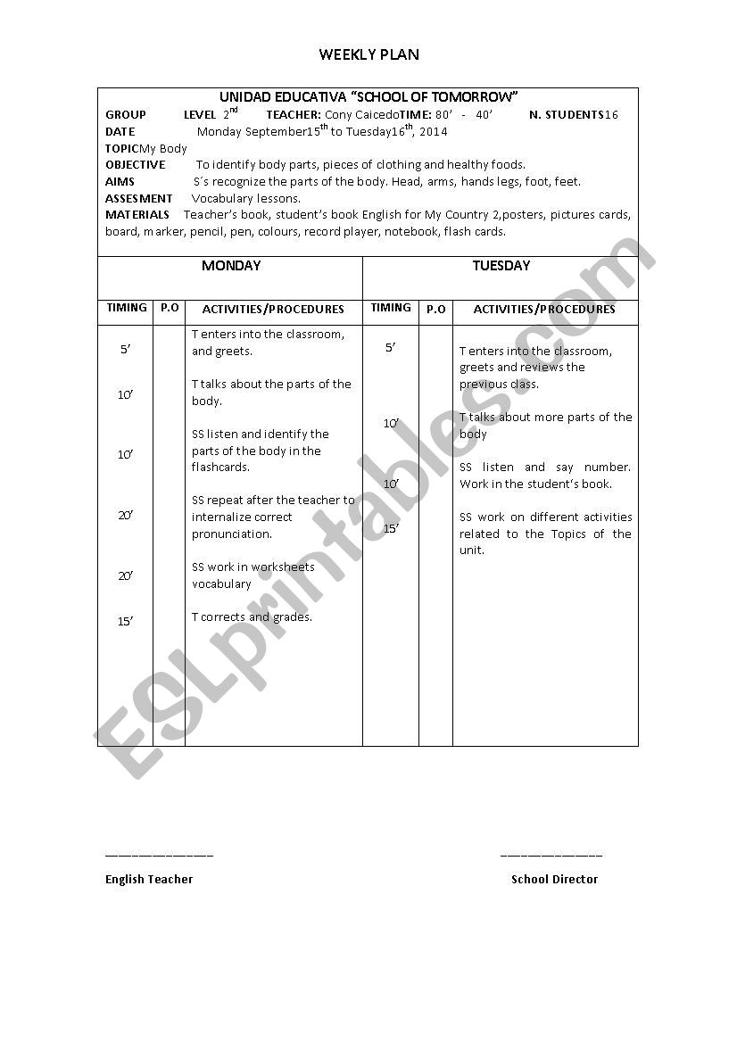 planificaciones diarias de ingls para escuela