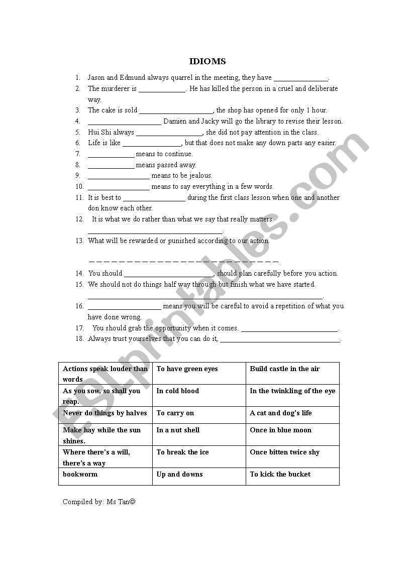 Idioms worksheet Idioms worksheet