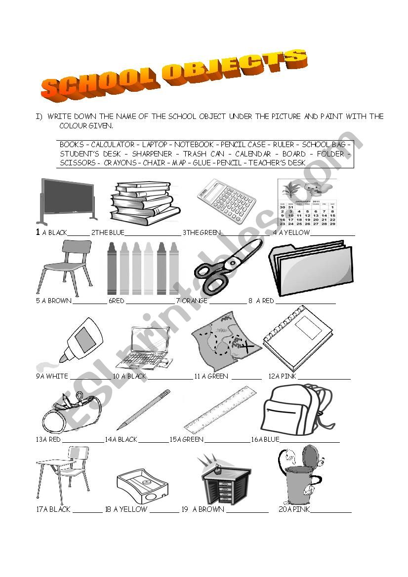 school objects worksheet