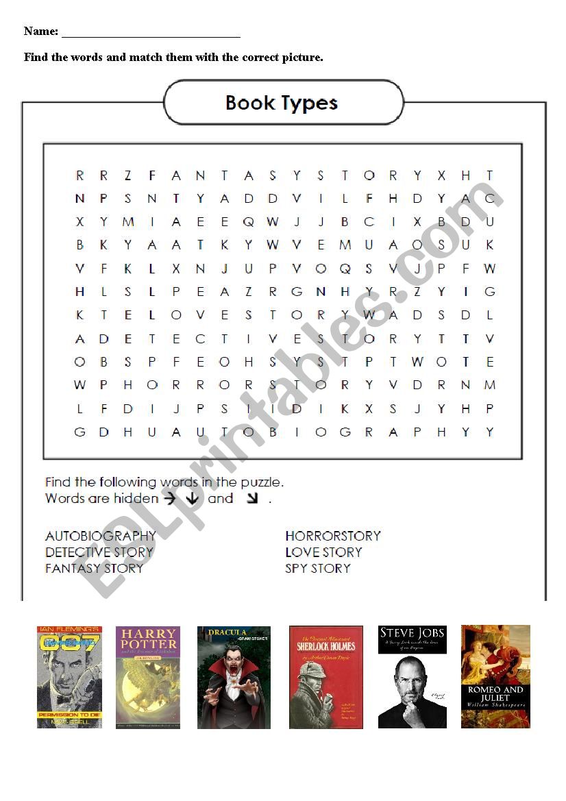 Wordsearch: Book Types worksheet