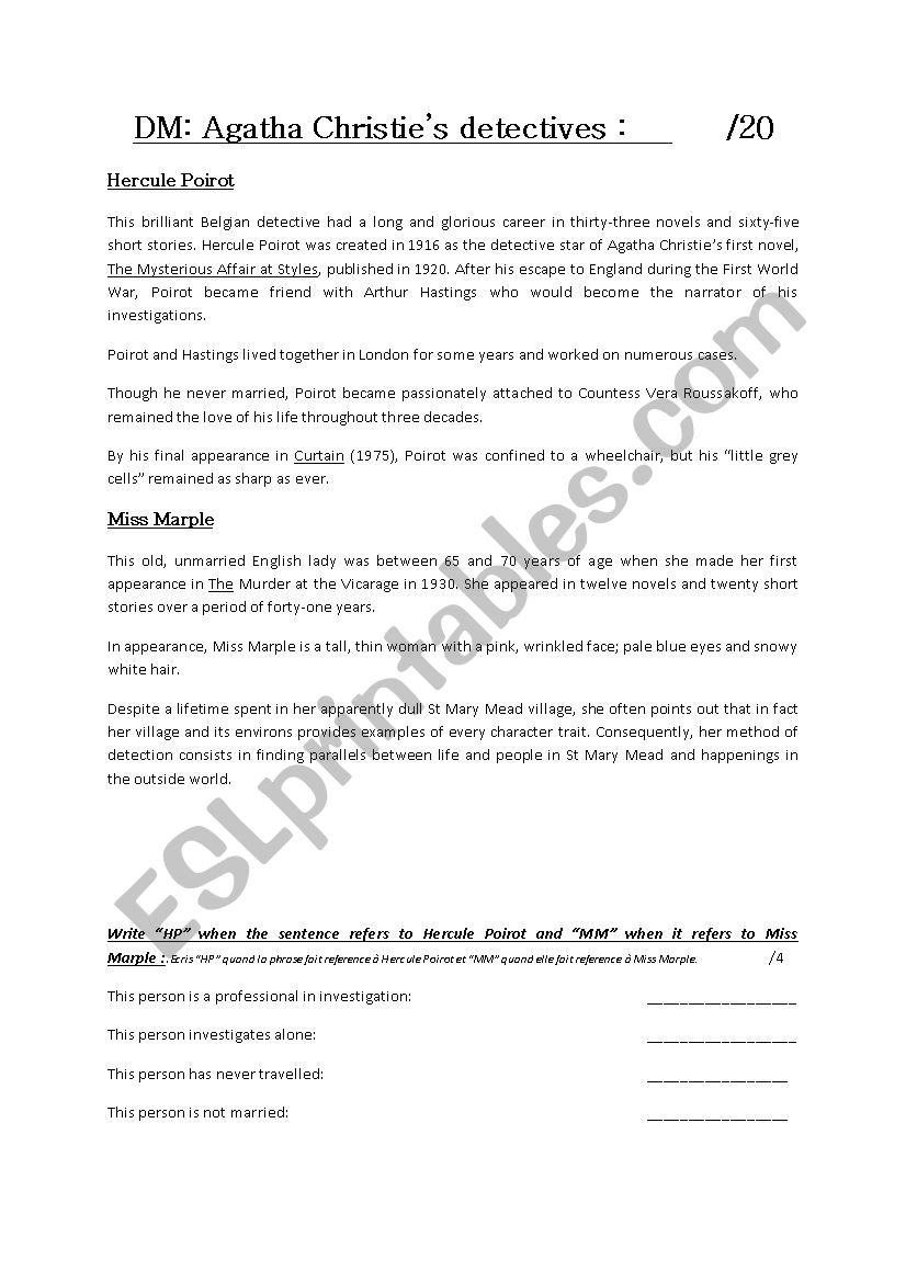 Agatha ChristieÂ´s detectives worksheet