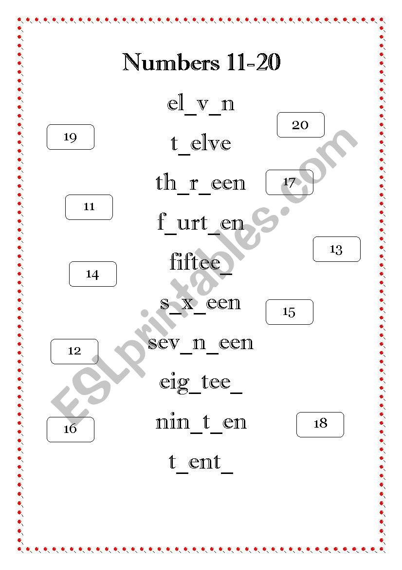 Numbers 11 to 20 worksheet