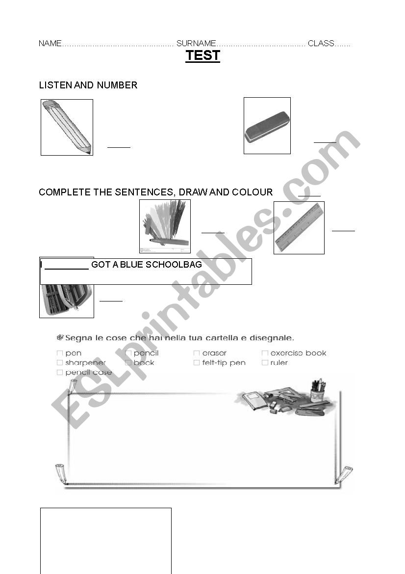 SCHOOL SUPPLIES - TEST worksheet