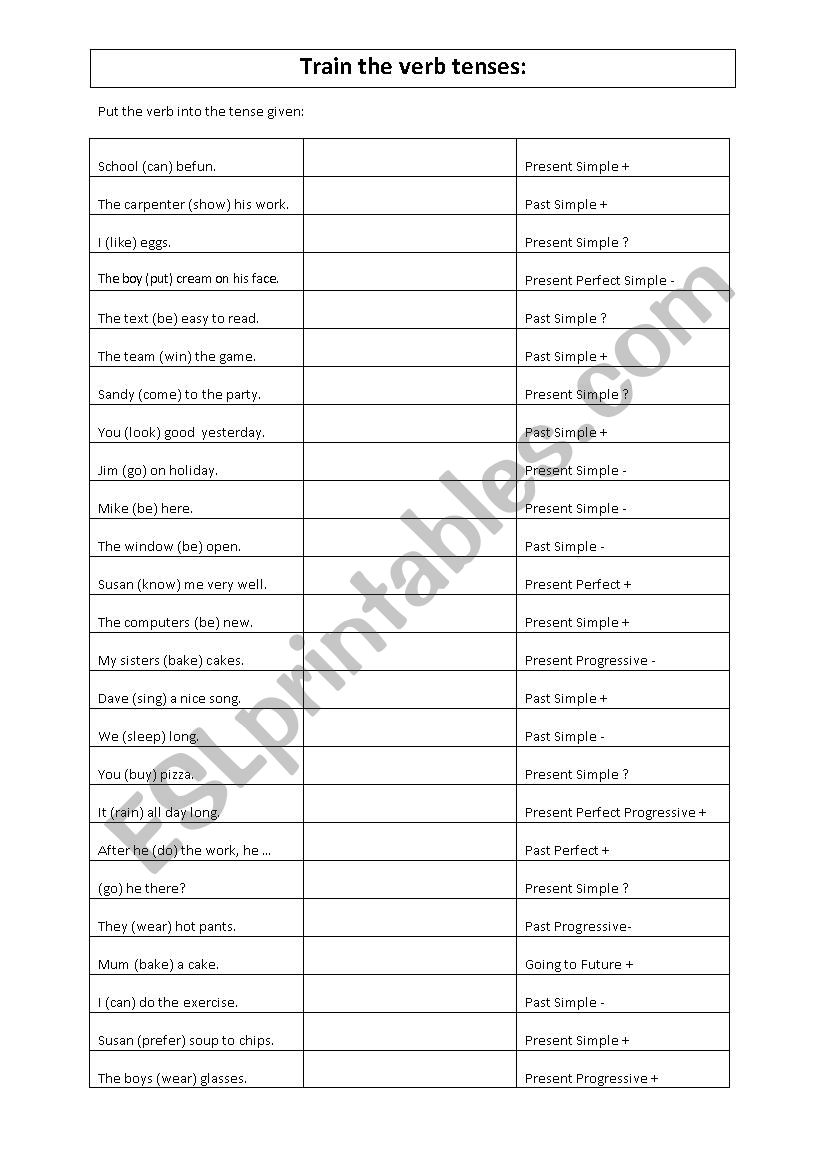 verb tense training worksheet
