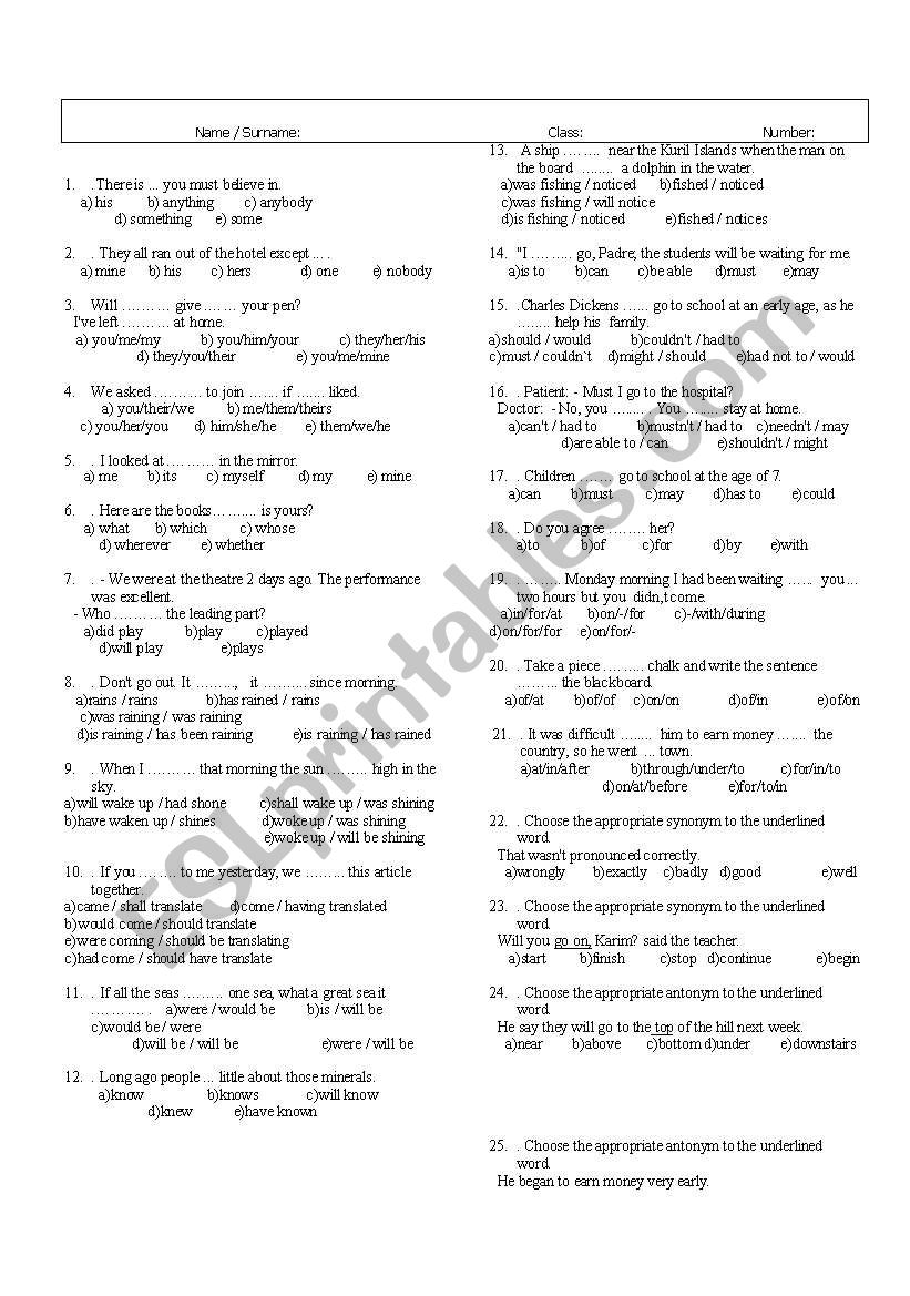 vocabulary test worksheet