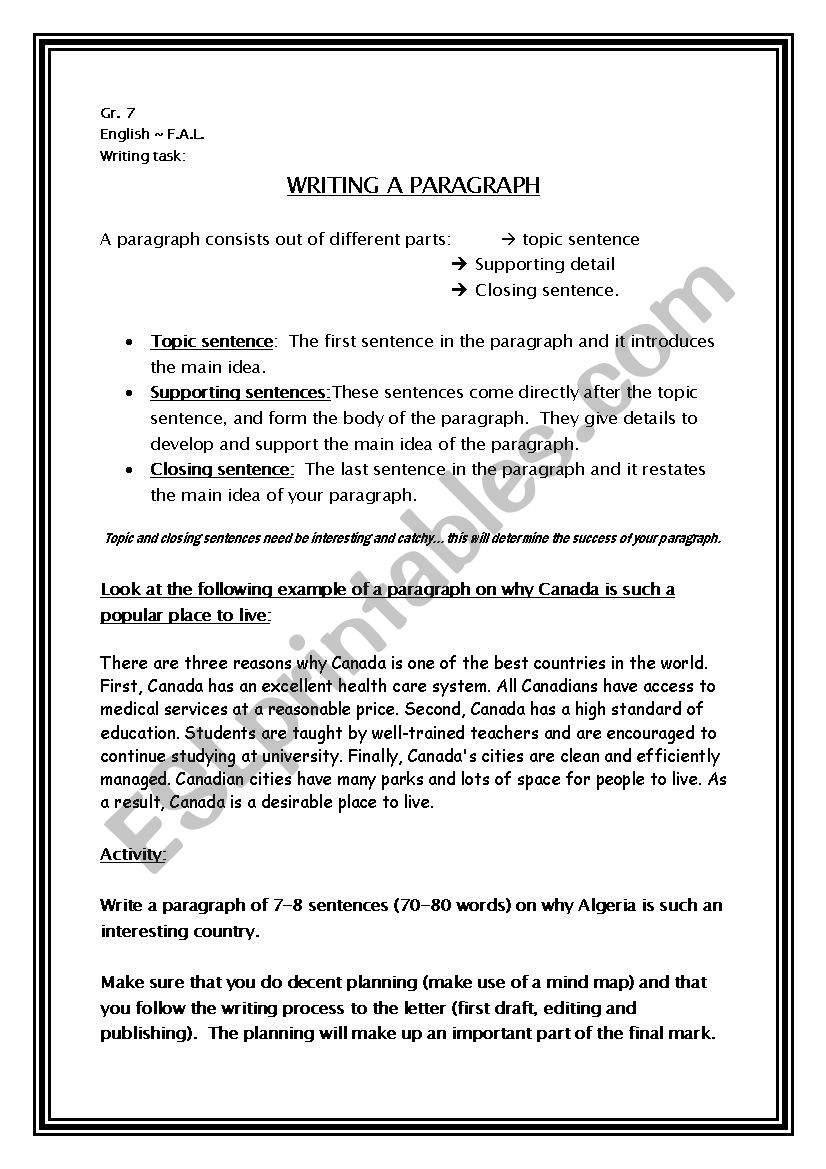 paragraph writing worksheet