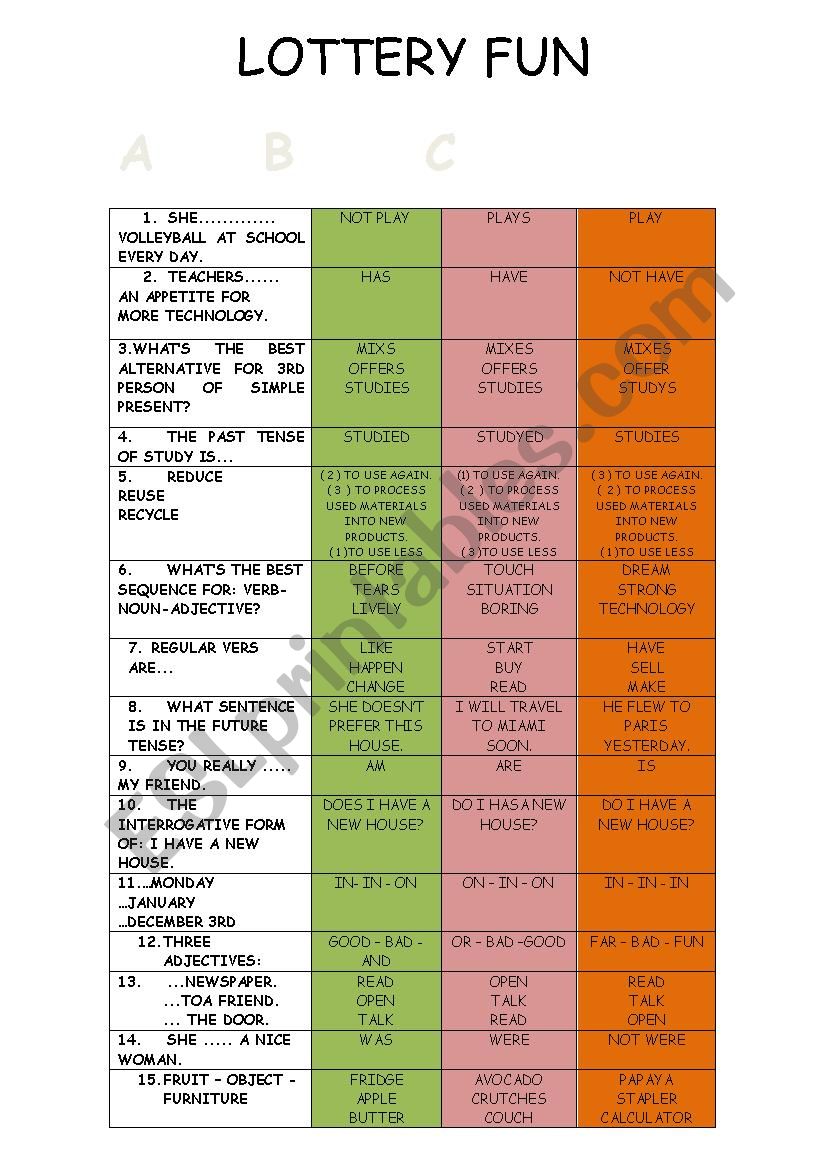 LOTTERY FUN worksheet