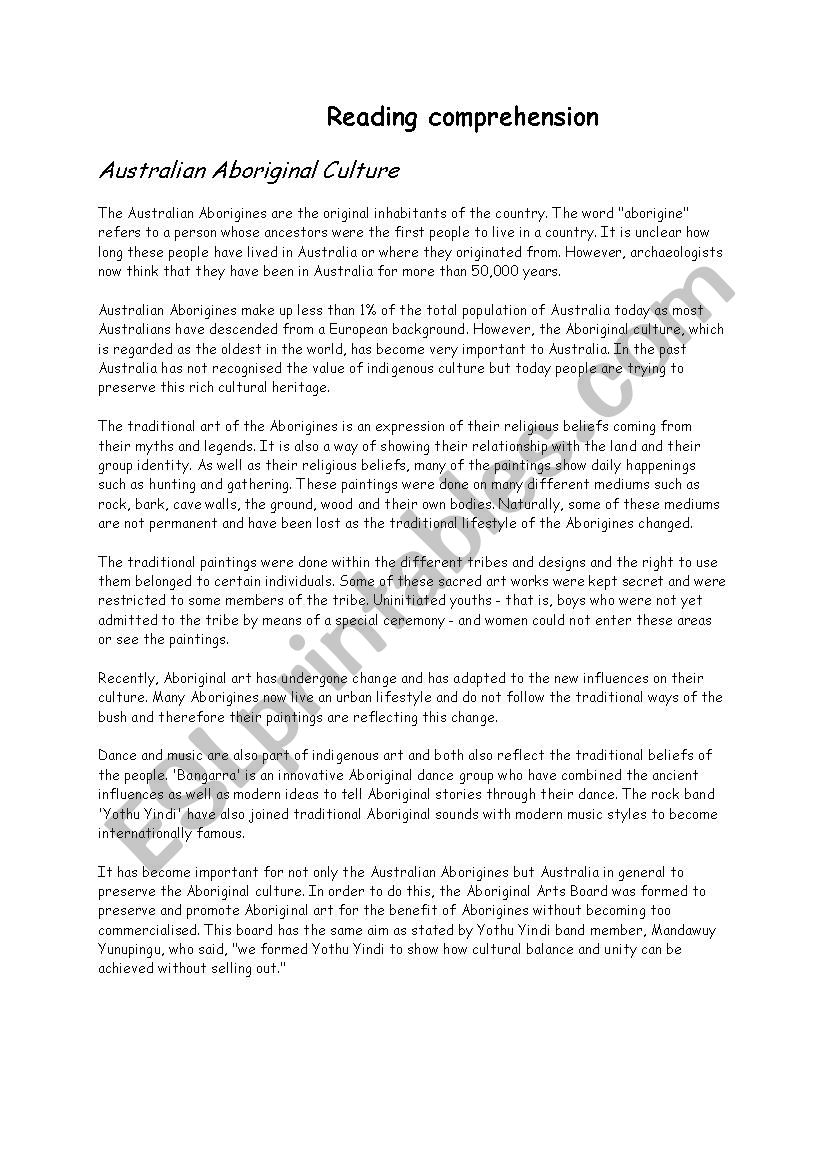 Australian Aboriginal Culture worksheet