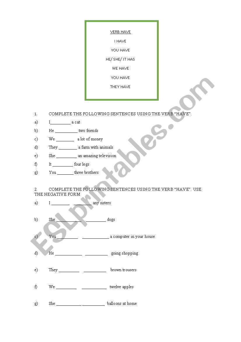 verb to have worksheet