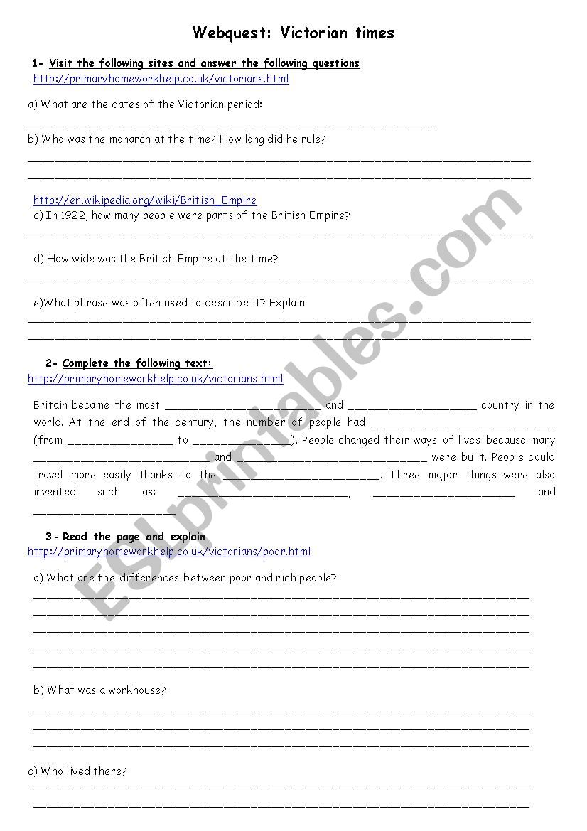 Webquest: Victorian Times worksheet