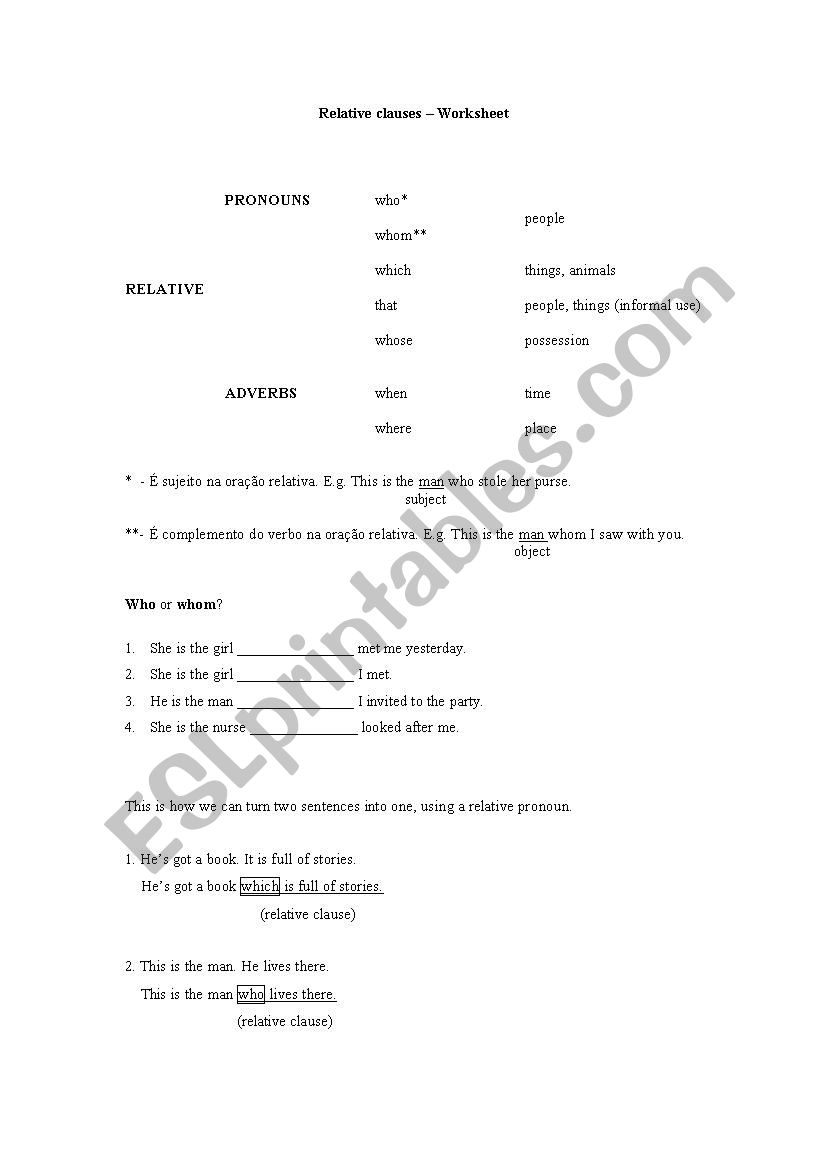 relative pronouns and clauses worksheet