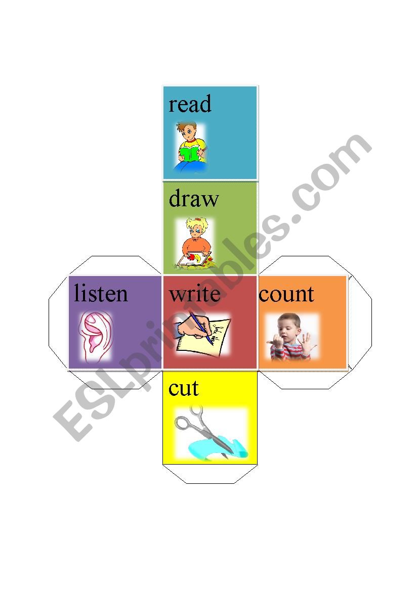 action verb dice-read draw write cut listen count