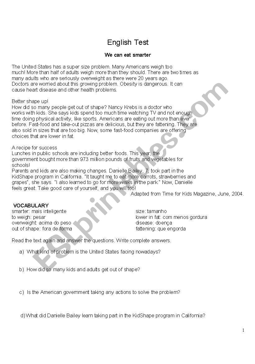 Eglish test for 7 Grade worksheet