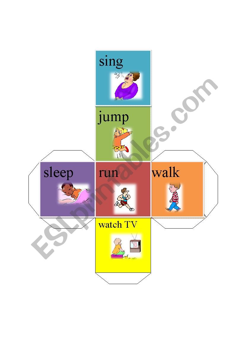 action verb dice-sing jump run watch TV walk sleep