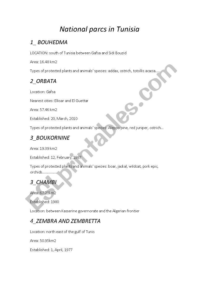 national parks in tunisia worksheet