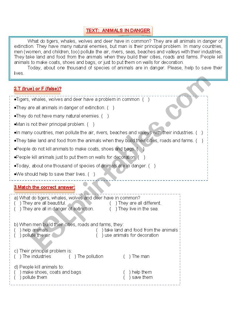 Animals in danger worksheet