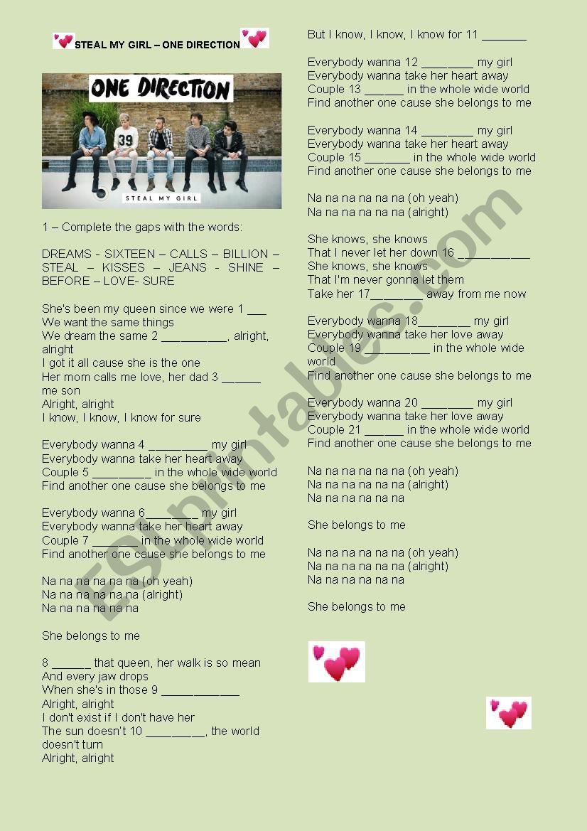 STEAL MY GIRL - ONE DIRECTION worksheet