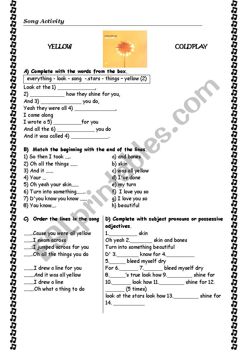 ColdPlay - yellow worksheet