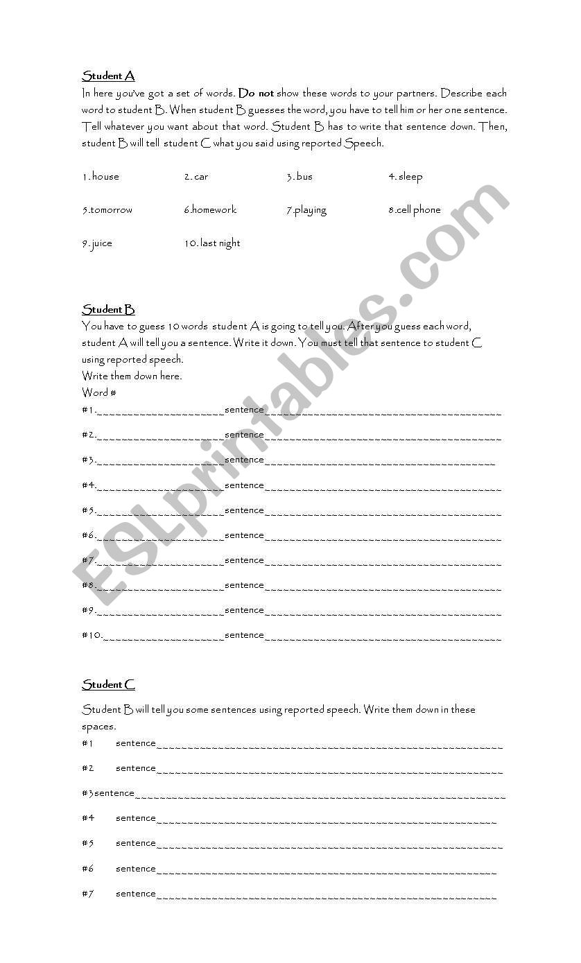 Reported Speech Activity worksheet