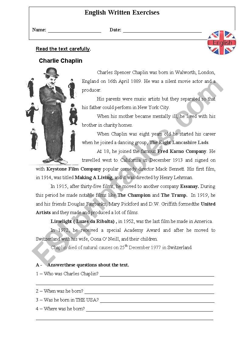 Simple Past - written test worksheet