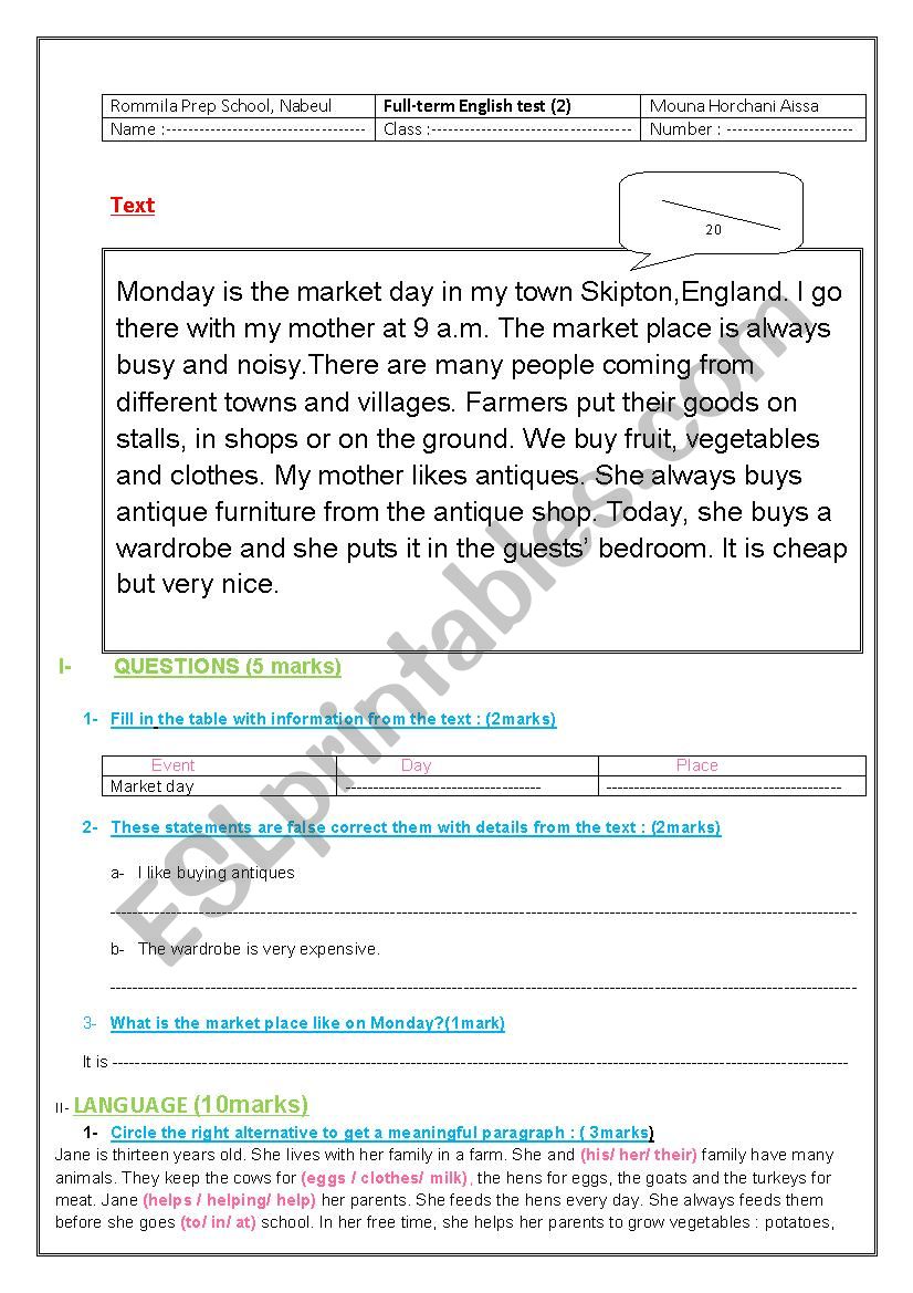 End of Term English test nÂ°2 7th formers 