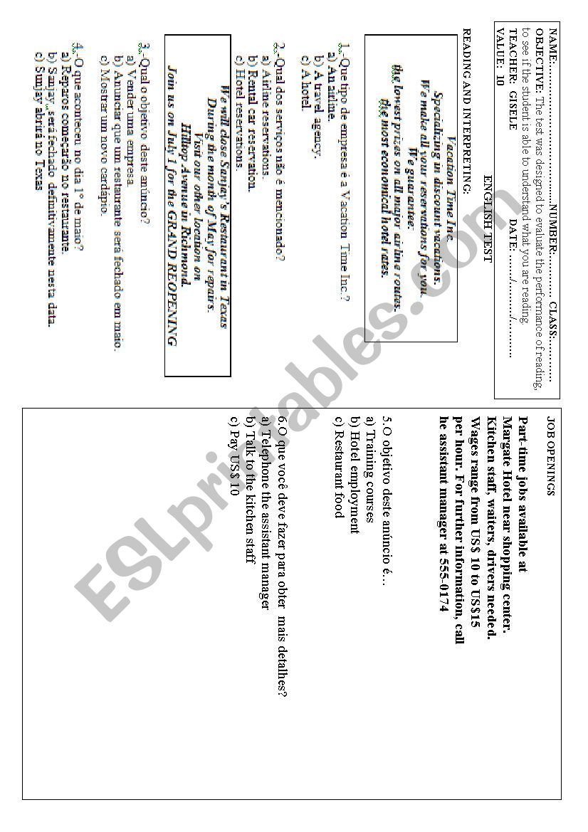  test worksheet