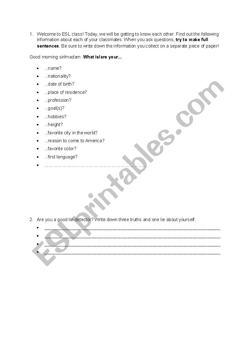 Icebreakers (speed dating) worksheet