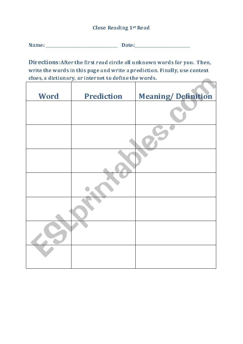 Close Reading Vocabulary 1st Read