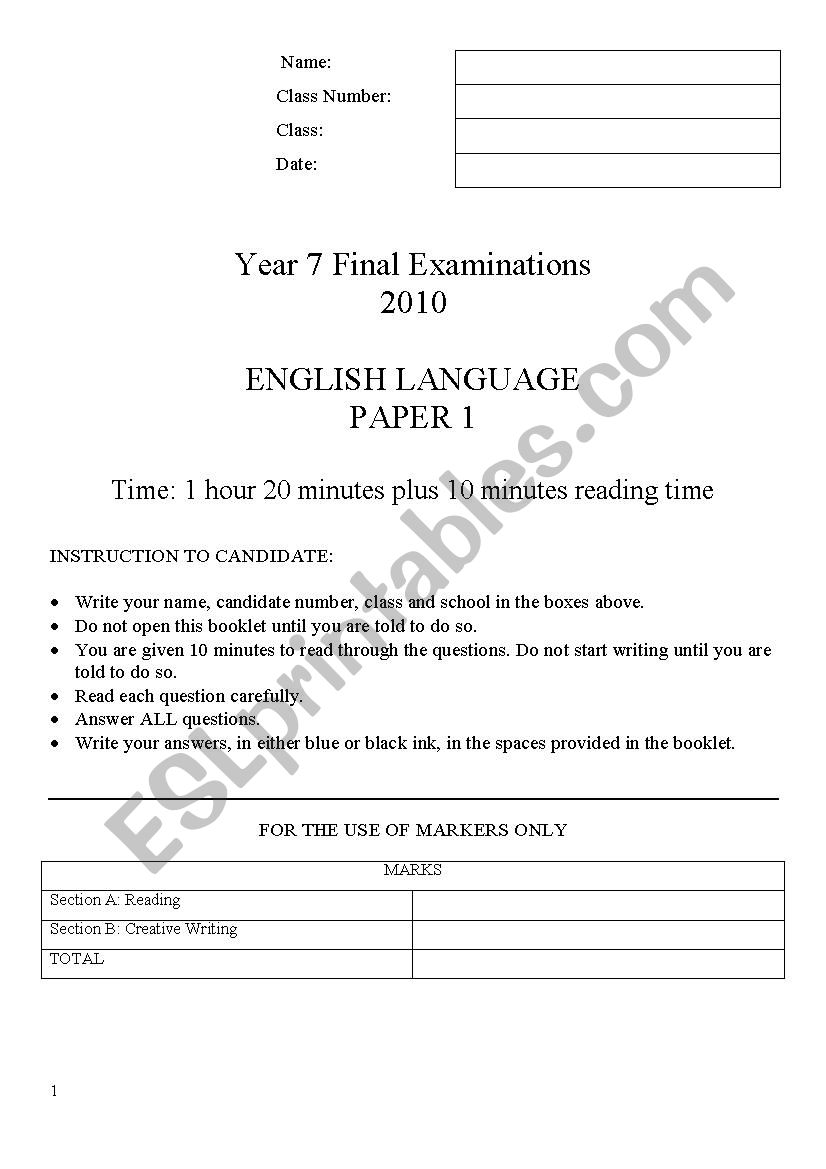 sample test paper for lower secondary students - ESL worksheet by