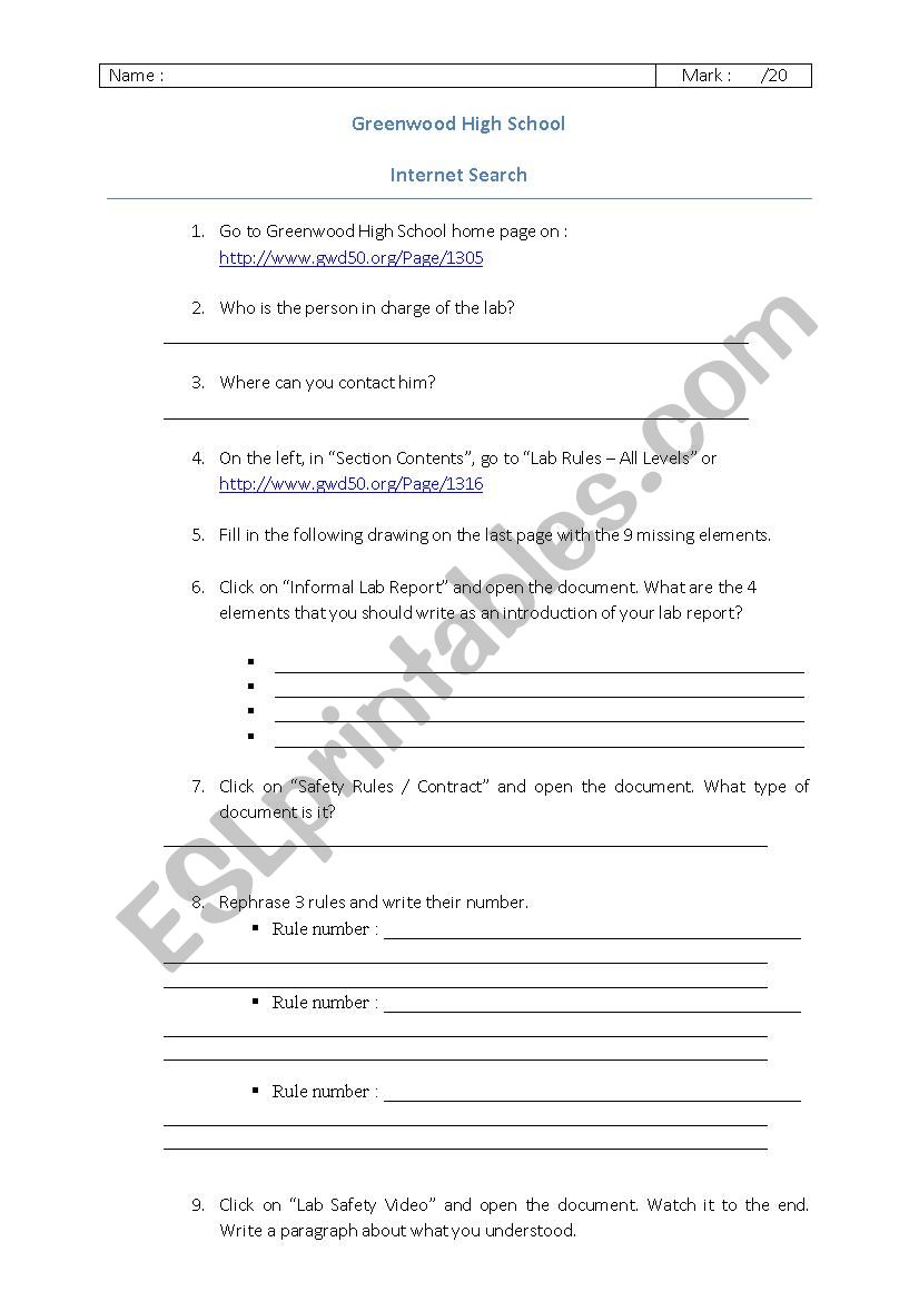 Laboratory Science Web Search worksheet