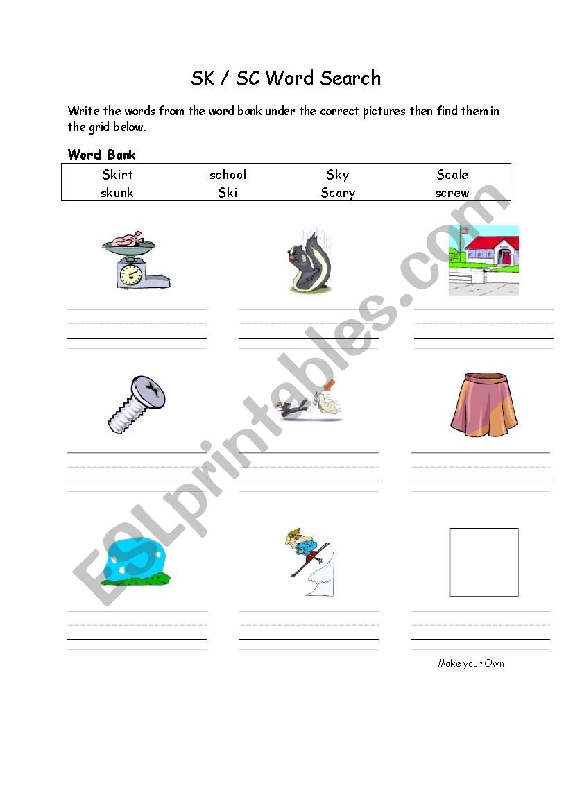 SK SC phonics blend worksheet worksheet