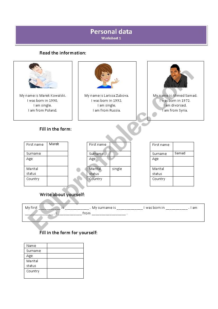 Completing a form: personal information
