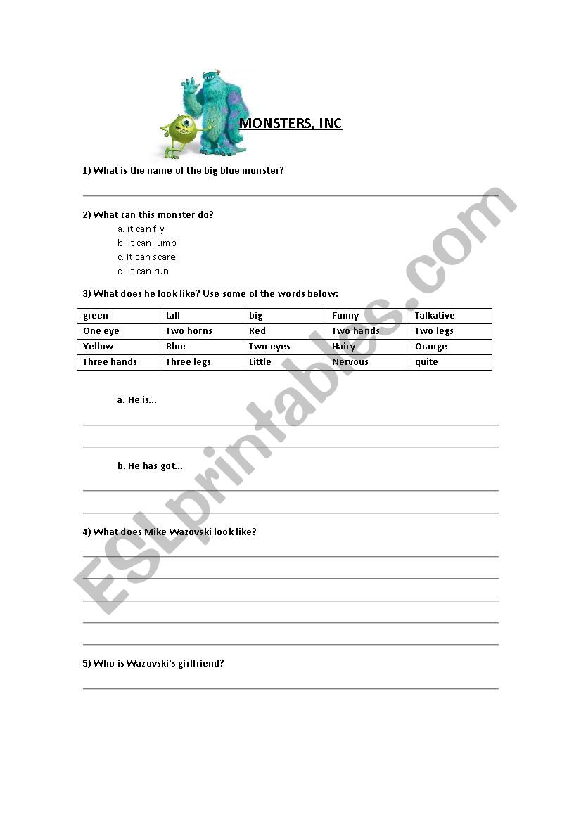 Monsters, Inc worksheet