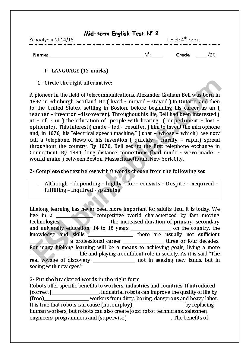 mid-test 2 for 4th formers worksheet